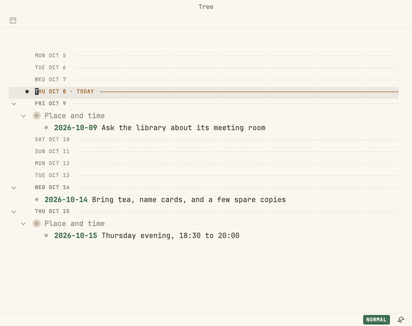 Agenda in the light appearance, showing the same outline's dated nodes grouped under days from Monday October 5 to Thursday October 15, with Thursday October 8 marked as today.