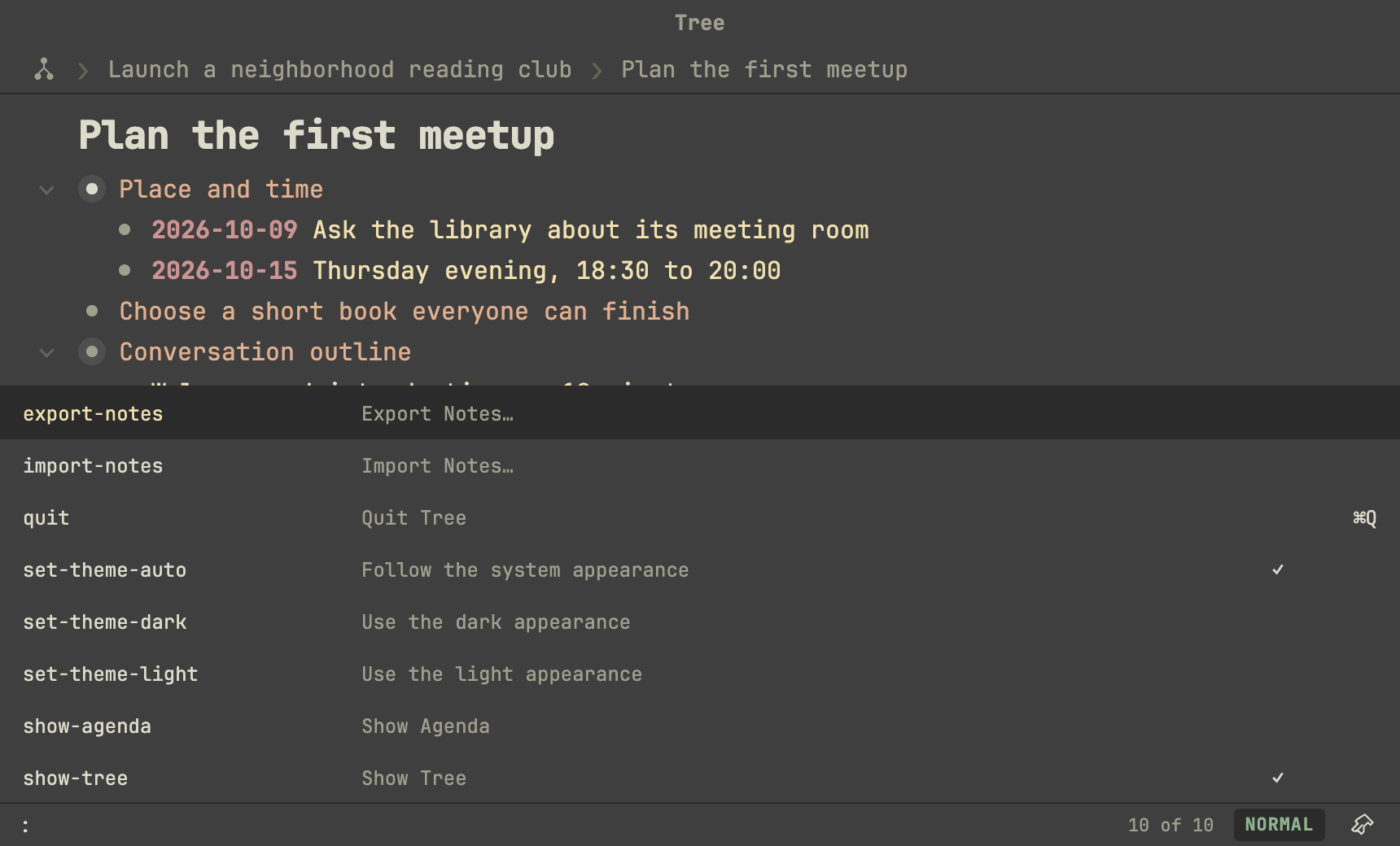Tree command panel in the dark appearance, showing application commands and their keyboard shortcuts.