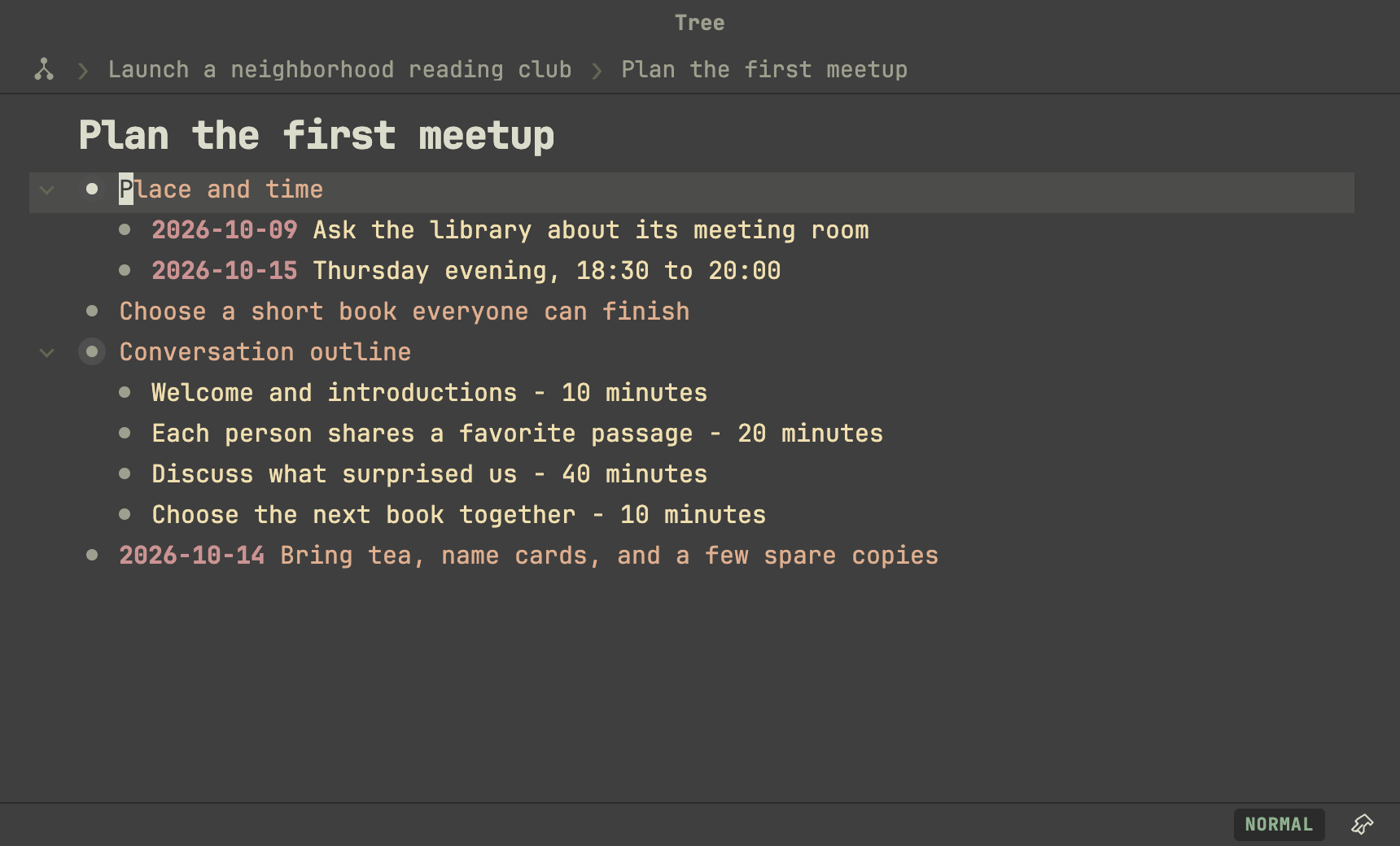 Tree in the dark appearance, focused on the first meetup branch with its breadcrumb path and Vim Normal mode indicator visible.