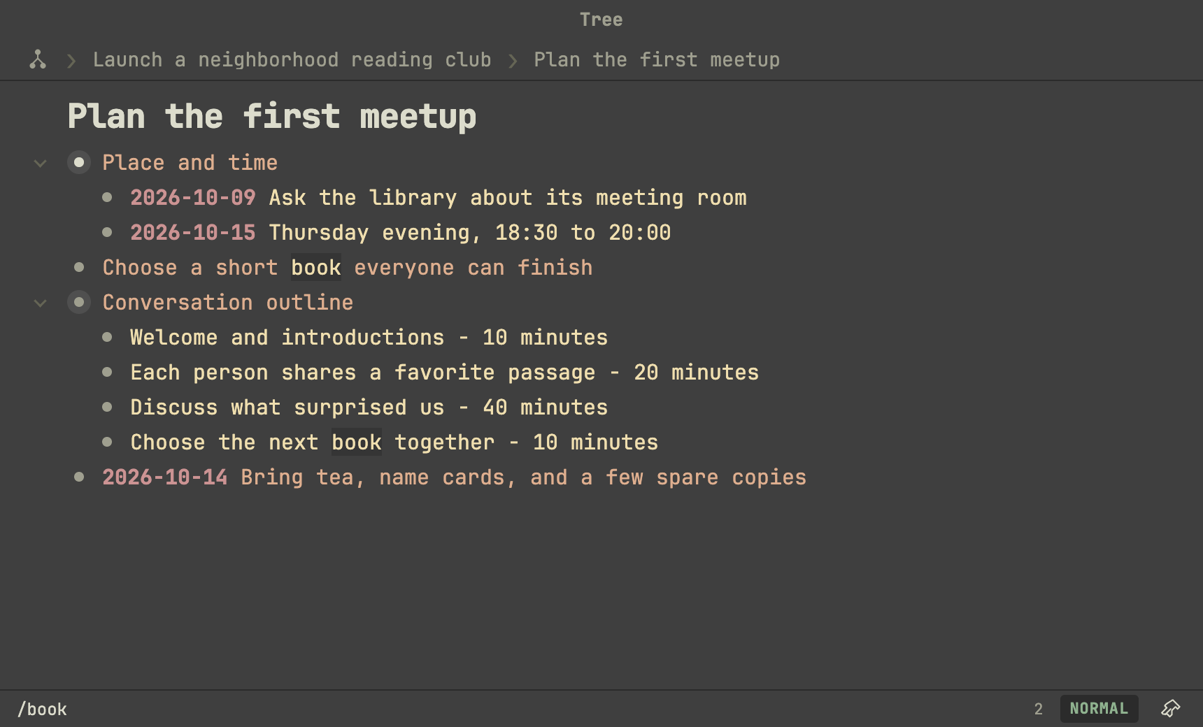 Tree search in the dark appearance, with two matches for book highlighted in the meetup branch.